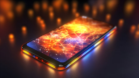 Glowing neon wave and line on smartphone screen. Futuristic technology and innovation background. Generative AI.の素材