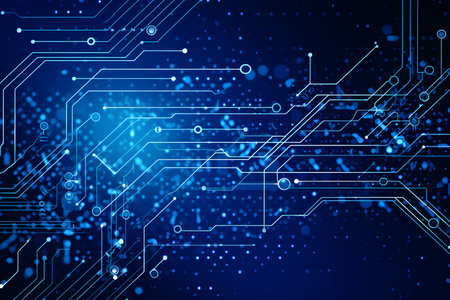 Digital technology blue circuit board line texture background. Digital integrated network technology futuristic wallpaper. Generative AI.の素材