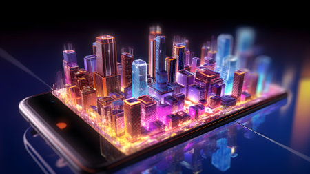 Futuristic city hologram on smartphone. Bright neon technology and innovation for background. Generative AI.の素材