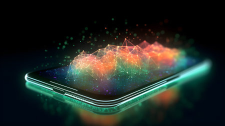Glowing neon wave and line in 3d on smartphone. Futuristic technology and innovation background. Generative AI.の素材