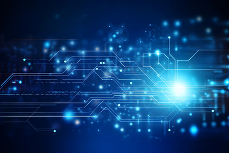 Digital technology blue circuit board line texture background. Digital integrated network technology futuristic wallpaper. Generative AI.の素材