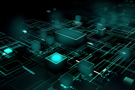 Futuristic digital technology circuit board abstract background 3D rendering of network technology concept. Futuristic cyberspace background. Futuristic technology style. Generative AI.の素材
