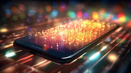 Glowing neon wave and line in 3d on smartphone. Futuristic technology and innovation background. Generative AI.の素材