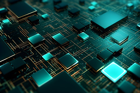 Futuristic digital technology circuit board abstract background 3D rendering of network technology concept. Futuristic cyberspace background. Futuristic technology style. Generative AI.の素材