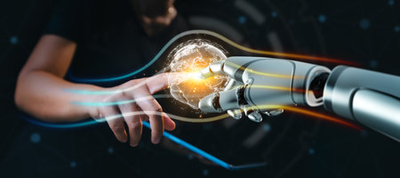 Hands of robot and human touching big data of global network connection. Futuristic science and artificial intelligence digital technology. AI technology development and global robotic science.の写真素材