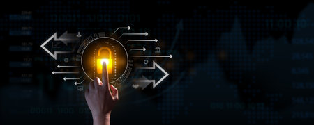Index finger touching a digital padlock icon on virtual screen. Technology protects data with secure access to the Internet and data privacy protection. Concept of cyber security.の写真素材