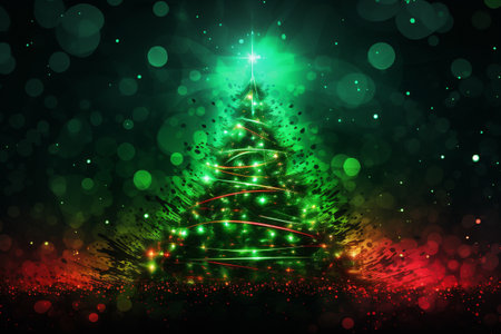 Abstract Christmas tree with neon red and green lighting. Futuristic abstract background. Holiday digital illustration for design card, poster or banner in Christmas festival. Generative AI.の素材
