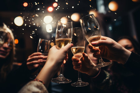 Cheers! Group of people celebrating and raise glasses of champagne for toast in the night party with fun. Generative AI.の素材