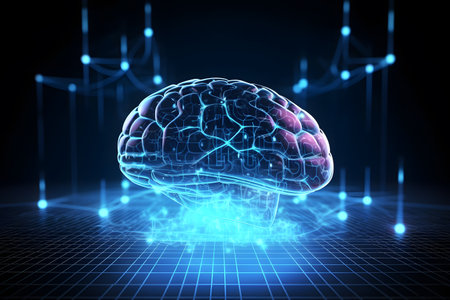 Abstract futuristic human brain with circuit board and mash line to connection. Technology web background, Machine learning cognitive sciences concept. Generative AI.の素材