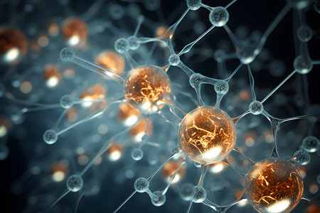 Microscopic of Neuron brain cell network. Interconnected nerve cells with electrical pulses. Glowing synapse. Healthcare concept. Generative AI.の素材