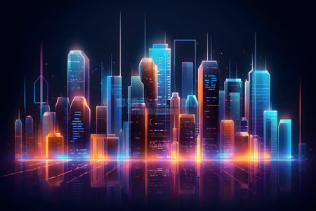 Futuristic night city with glowing neon color. Abstract background of cyberpunk city future technology. Generative AI.の素材