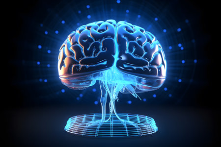 Abstract futuristic human brain with circuit board and mash line to connection. Technology web background, Machine learning cognitive sciences concept. Generative AI.の素材