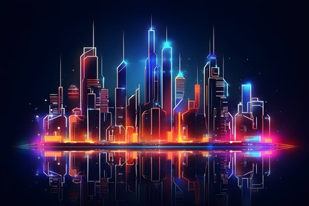 Futuristic night city with glowing neon color. Abstract background of cyberpunk city future technology. Generative AI.の素材