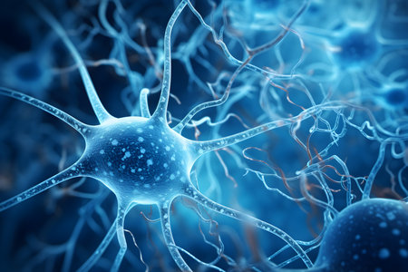 Microscopic of Neuron brain cell network. Interconnected nerve cells with electrical pulses. Glowing synapse. Healthcare concept. Generative AI.の素材