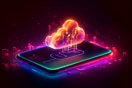 Glowing neon cloud computing in 3d on smartphone. Cloud network connecting and online data storage. Data Internet service in futuristic technology and innovation. Generative AI.の素材