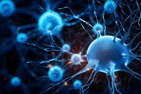 Microscopic of Neuron brain cell network. Interconnected nerve cells with electrical pulses. Glowing synapse. Healthcare concept. Generative AI.の素材