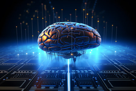 Abstract futuristic human brain with circuit board and mash line to connection. Technology web background, Machine learning cognitive sciences concept. Generative AI.の素材