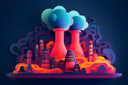 Power station, the oil refinery or petrochemical plant with smoke in paper cut art illustration style with neon color. Air pollution and emission ecology environment problem concept. Generative AI.の素材