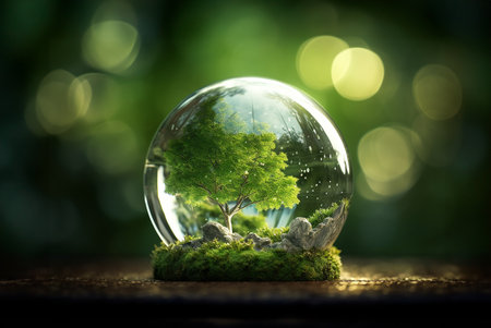 Crystal glass sphere with green tree inside on light green forest background. ESG, Environment protection, Eco friendly environment. Sustainable development and earth day concept. Generative AI.の素材