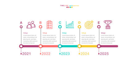 Timeline infographic vector, Yearly working process diagram with line icon in vector.5 steps , options infographic (divided into layers in file)のイラスト素材
