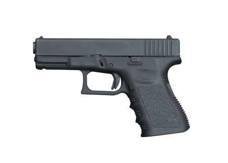 Black steel polymer semi-automatic 9mm Pistol isolated on white backgroundの写真素材