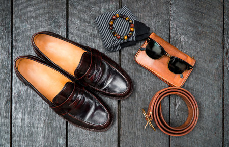 Men accessories, Leather fashion set on wood floor