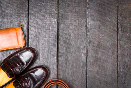 Men accessories, Leather fashion set on wood floor, copy space includedの写真素材