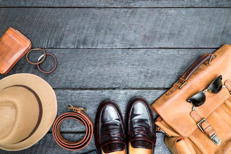 Men accessories, Leather fashion set on wood floor, copy space includedの写真素材