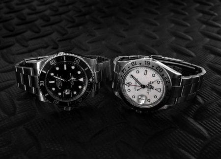 BANGKOK, THAILAND - JULY 15, 2018: Rolex Submariner watch is equipped with a ceramic bezel and a stainless steel bezel in Rolex Explorer 2.のeditorial素材