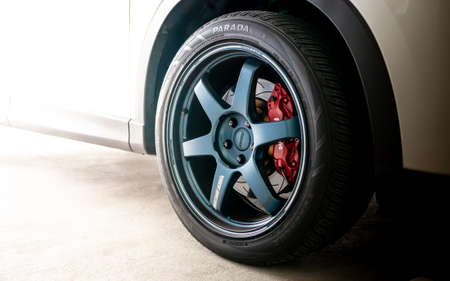 BANGKOK, THAILAND - August 15, 2018 : Volk racing TE37 model as known as the origin of forged sports wheel, Installed with Yokohama tire and AP racing 6 pots brake.のeditorial素材