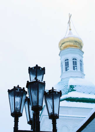 Night lights and monastery towers in winter の写真素材