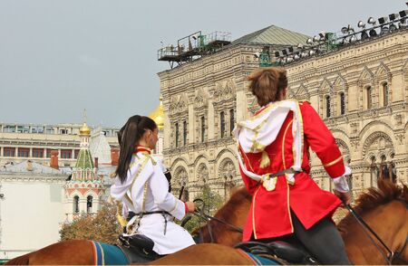 Gait training of horse riders before the show  on  the Red Square in Moscowのeditorial素材