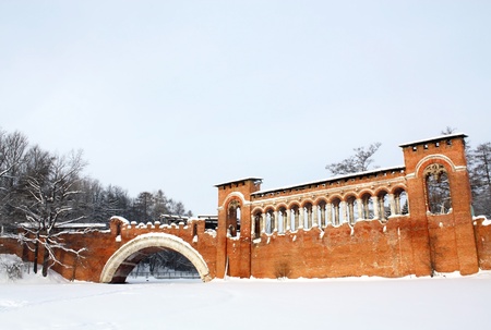 Brick bridge of the eighteenth-century of red color in the old manorのeditorial素材