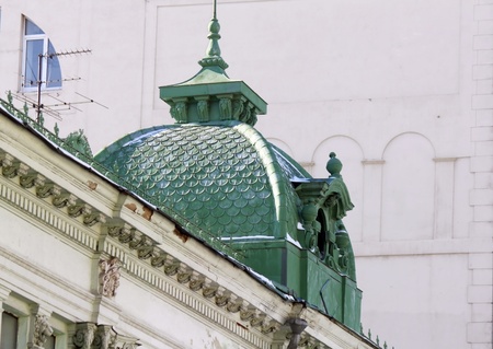 Top of a home built in the late nineteenth with turret and decorationsの写真素材