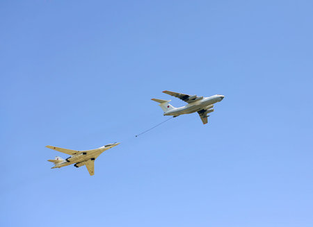 Refueling of russian strategic bomber tu 160 by the il 76 tanker