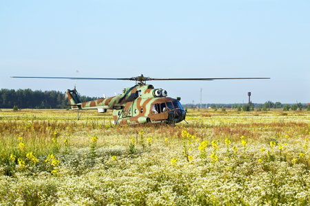 Modern russian military transport helicopter taking off
