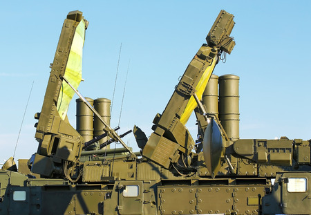 Containers with missiles and radar antenna of the air defense systemのeditorial素材