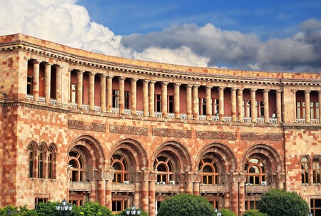 Facade of a massive building with galleries and balconiesのeditorial素材