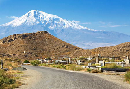 Road past the old Armenian cemetery on background of the mountain landscapeのeditorial素材