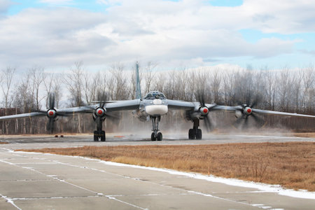 Russian long-range strategic bomber Tu-95 ?Bear?  on the parking place the plane before take-off