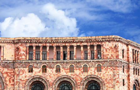 Facade of a massive building with galleries and balconiesのeditorial素材