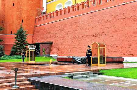 Guards at the post number 1 in Moscow at the Tomb of the Unknown Soldier near the Kremlin wallのeditorial素材