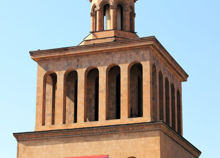 Top of the huge red building built in a national armenian styleの写真素材