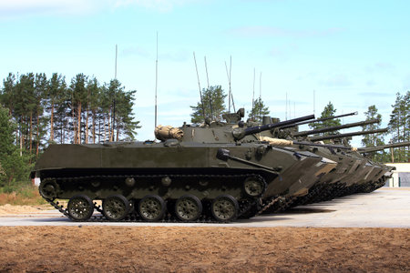 Airborne combat vehicles in the front line at the site in the forest