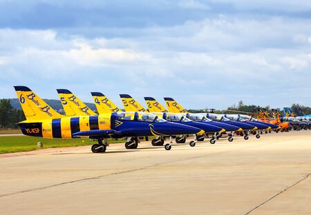 MOSCOW REGION - AUGUST 30: Display of sport planes of the aerobatic team "Baltic Bees" at an international air show (MAKS Air Show) on August 30, 2015 in Moscow regionのeditorial素材