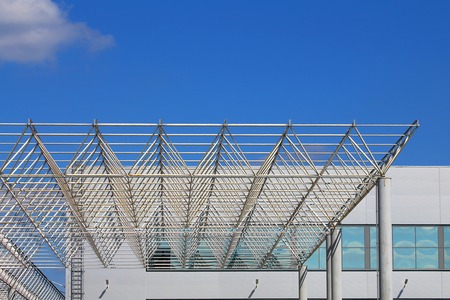 Prefabricated metal skeleton construction of the roof of the exhibition pavilion with supporting tubular elementsの写真素材