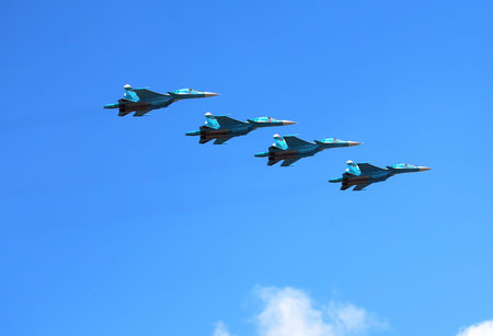 MOSCOW - MAI 4: Tactical group of four Russian fighters  in a training flight to the Victory Parade...