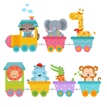 Cute Animals On Trainのイラスト素材
