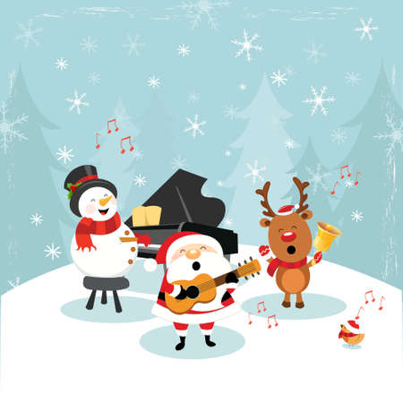 Santa Snowman And Reindeer Making Christmas Musicのイラスト素材