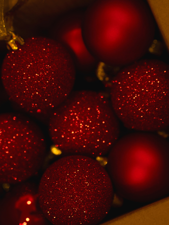 Red glittering Christmas ballsの写真素材